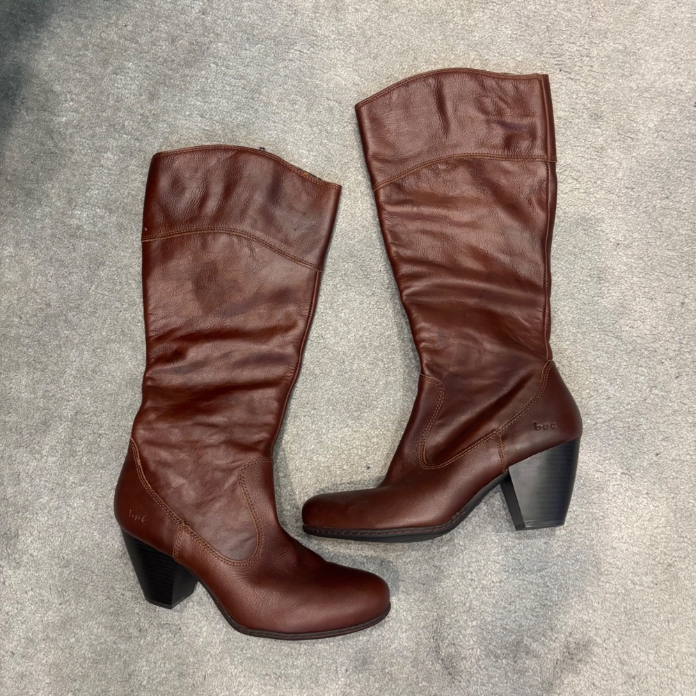 b.o.c. Womens Brown Leather Tall Knee High Block Heel Boots Size 9